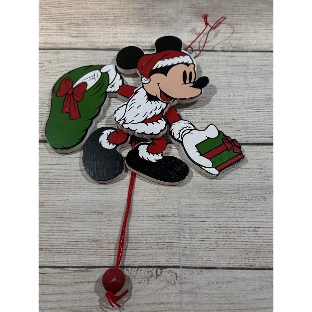 Wood Pull String Dancing Mickey Mouse Santa Christmas Ornament Tub12